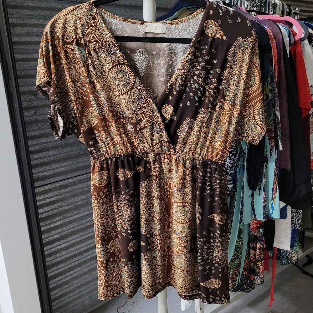 Jon & Anna XL Brown and Aqua Blue Paisley Wrap Blouse